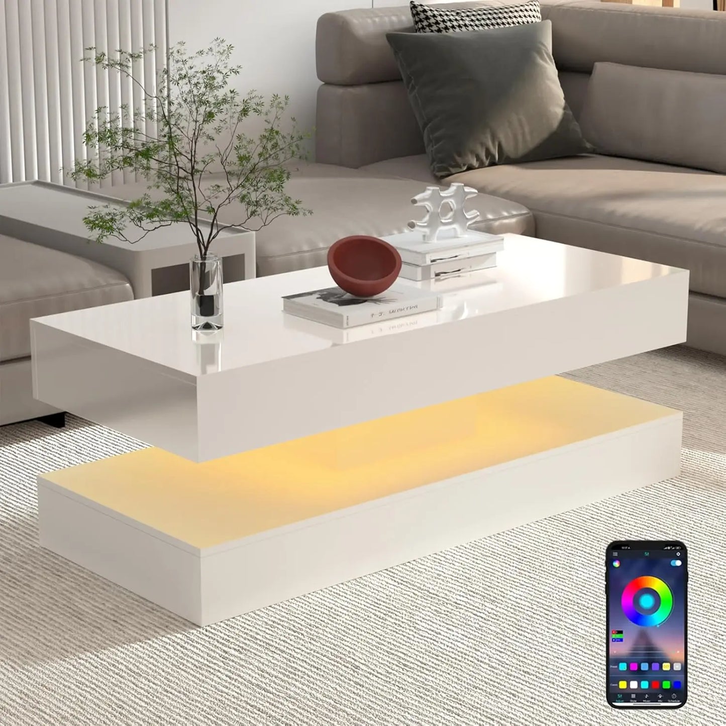 Modern Stylish Coffee Table with LED Lights, Double-Layer Design for Living Room Coffee Table with 2 Storage Drawers