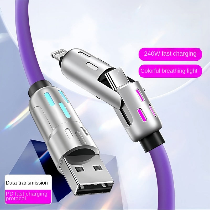 Colorful LED Silicone 4-in-1 Charging Cable with Zinc Alloy PD 100W Fast Charging, 6A Car Charger, Multi-functional Universal Compatible Charging Cable