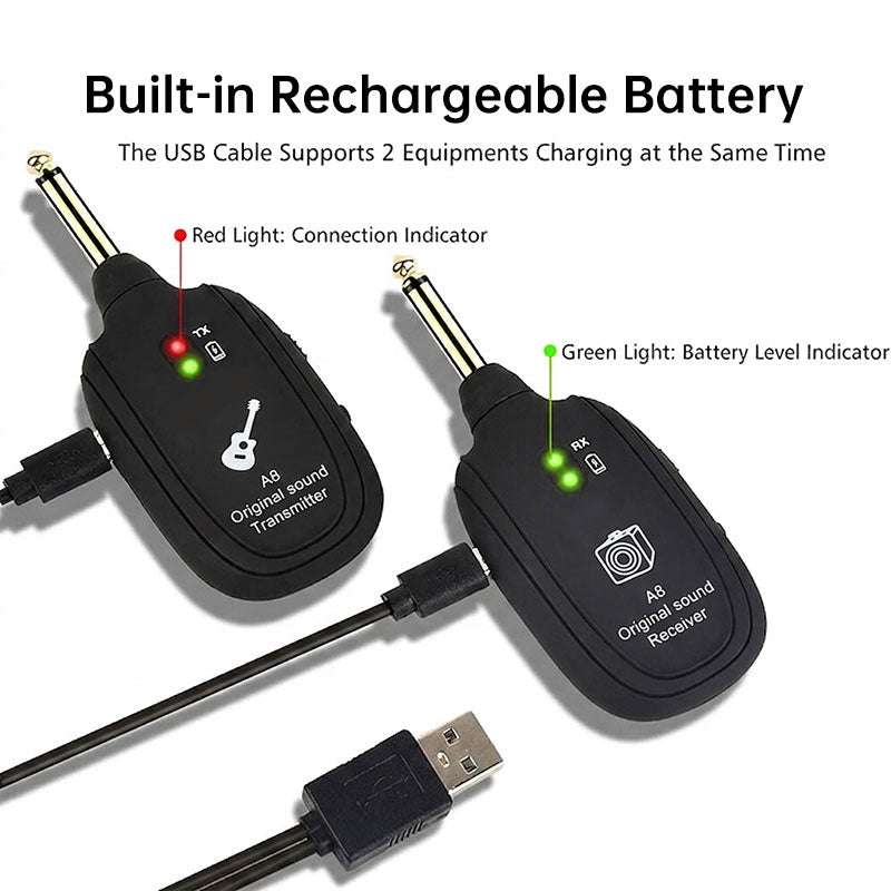 A8 UHF Wireless Guitar System, Rechargeable Transmitter & Receiver, 20Hz-20kHz Full Frequency, USB Charging for Guitar, Violin,