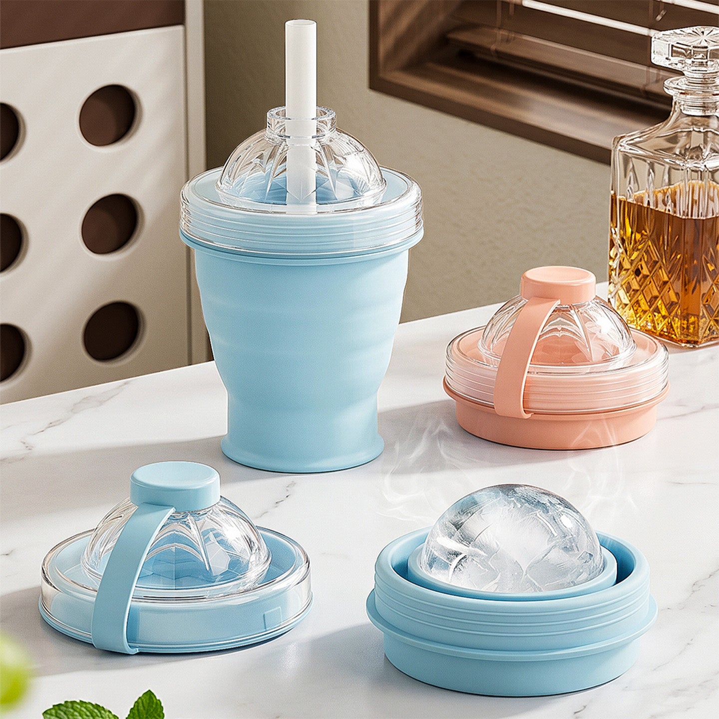 Portable Foldable Ice Ball Mold Cup for Homemade Ice Cubes, Cold Drinks, Whiskey Chilling with Straw - Reusable Ice Maker Cup