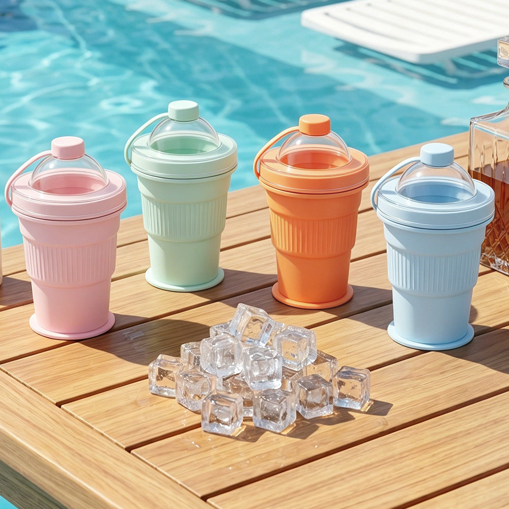 Portable Foldable Ice Ball Mold Cup for Homemade Ice Cubes, Cold Drinks, Whiskey Chilling with Straw - Reusable Ice Maker Cup