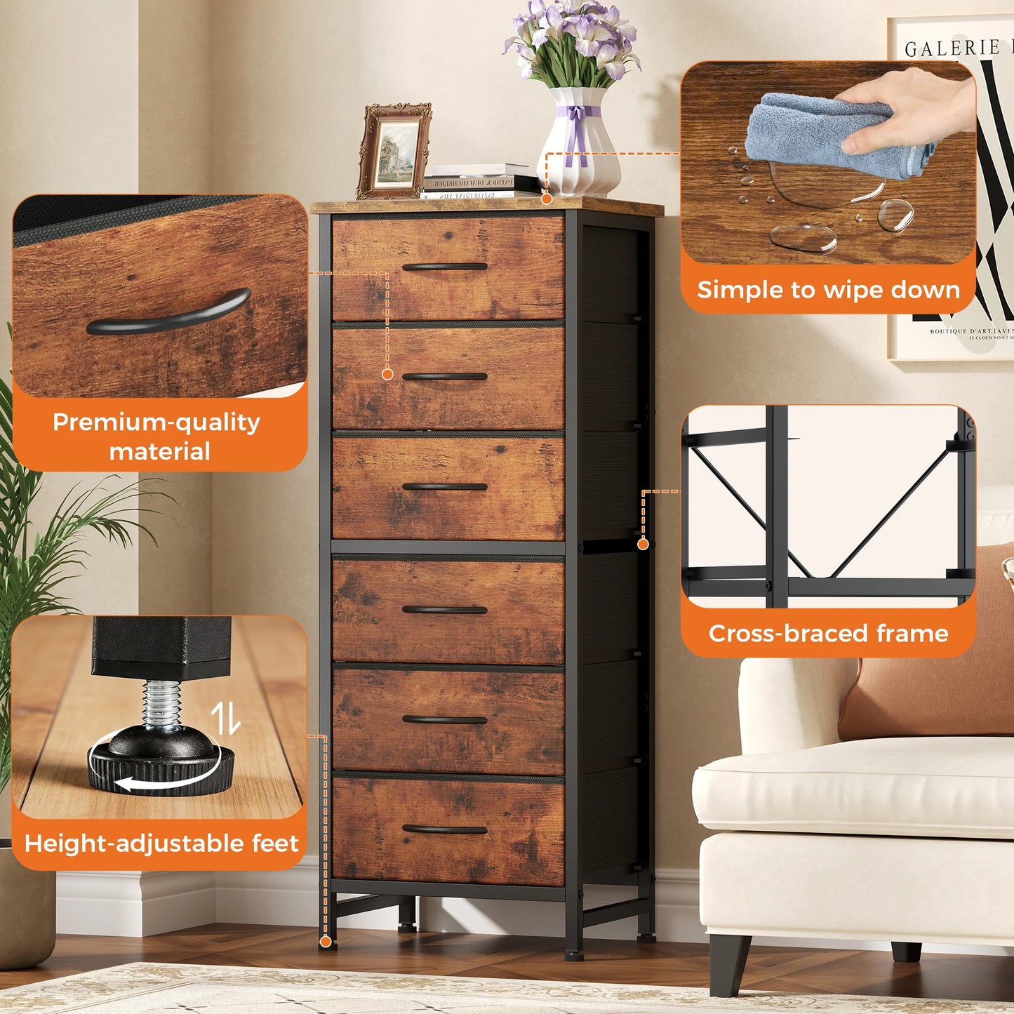 JHK Tall 6 Fabric Drawer Dresser  for Bedroom Wood Top and Metal Frame Skinny Chest of Drawers Narrow Storage Tower with Organization Furniture