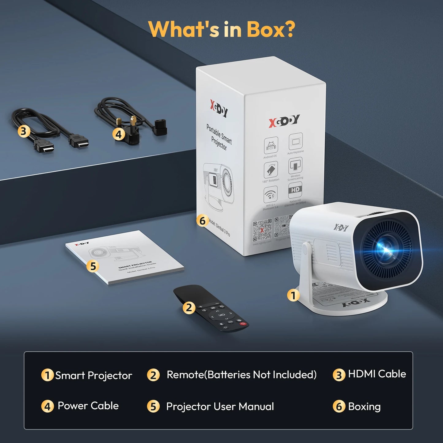 Xgody Gimbal 3 Pro Projector 4K Wifi6 Android Mini Beamer 300 Ansi Dual Wifi Bt5.4 1280*720P Home Theater Outdoor Portable