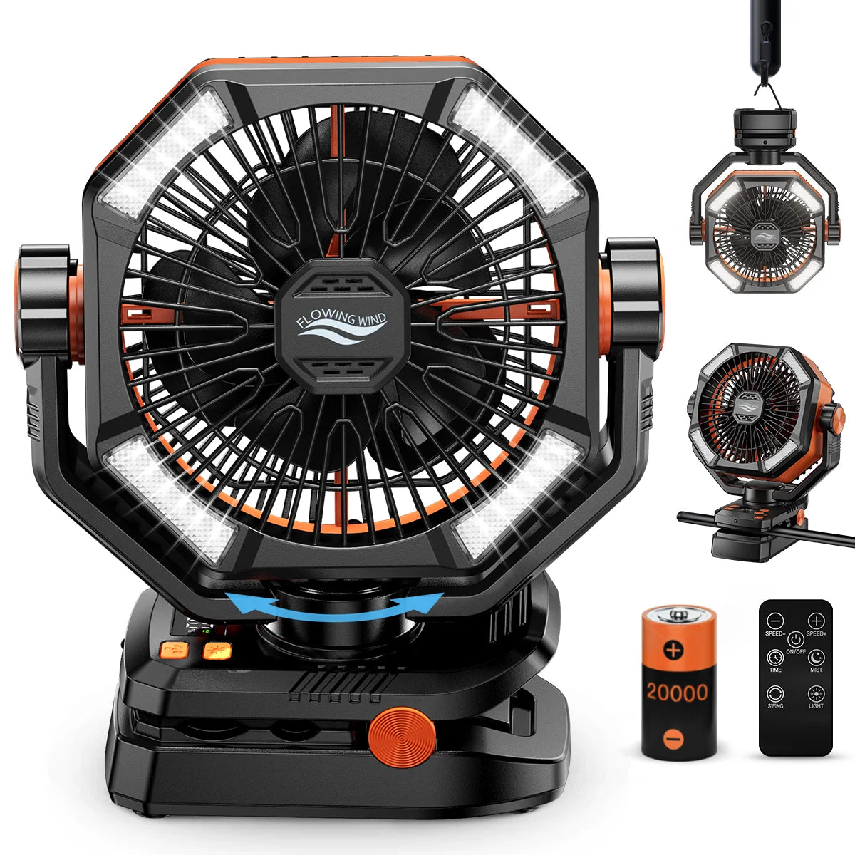 20000mAh Battery Camping Fan with 4 LED Lantern 8 Speeds Desk Fan Portable Outdoor Fan for Outdoor Camping Tent and Fishing
