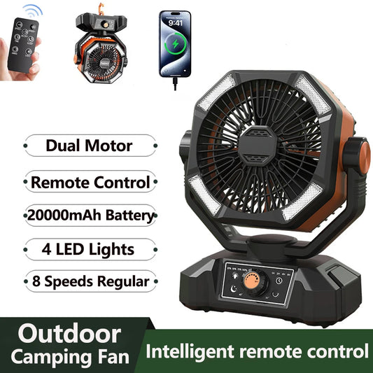 20000mAh Battery Camping Fan with 4 LED Lantern 8 Speeds Desk Fan Portable Outdoor Fan for Outdoor Camping Tent and Fishing