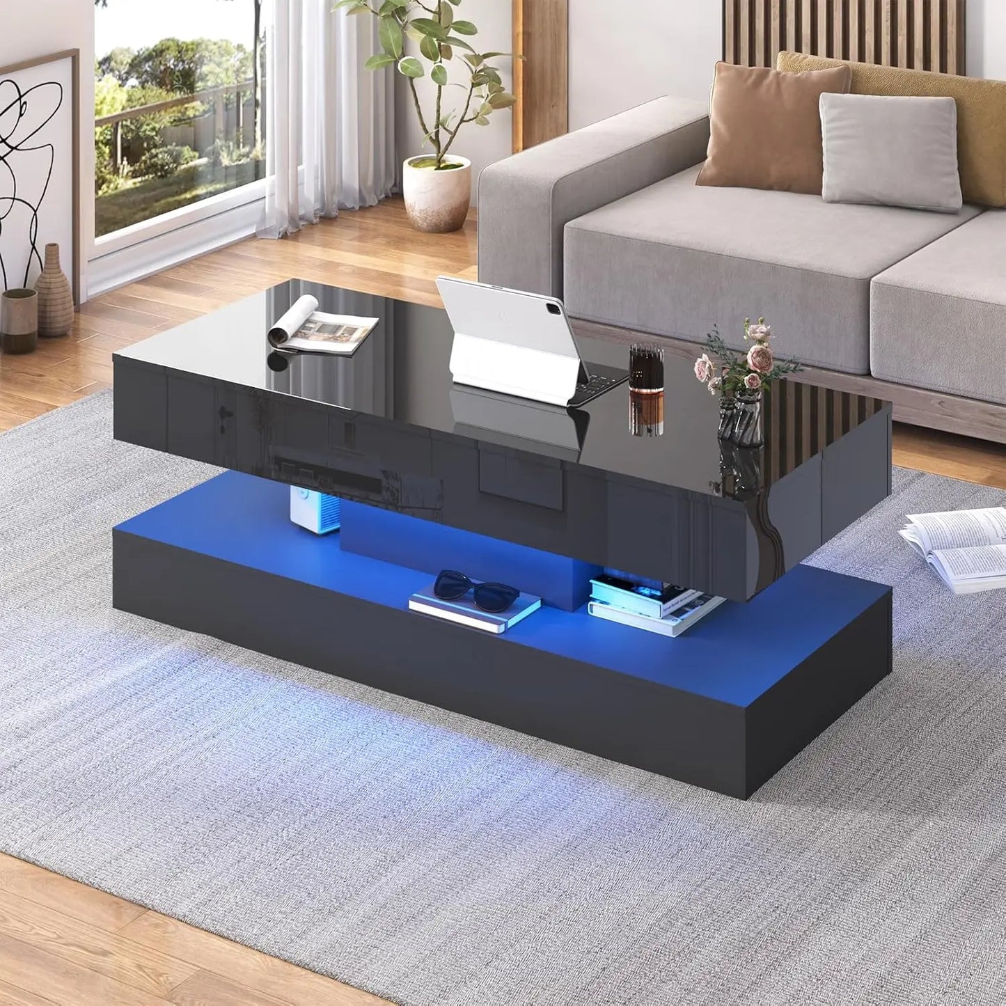 Modern Stylish Coffee Table with LED Lights, Double-Layer Design for Living Room Coffee Table with 2 Storage Drawers