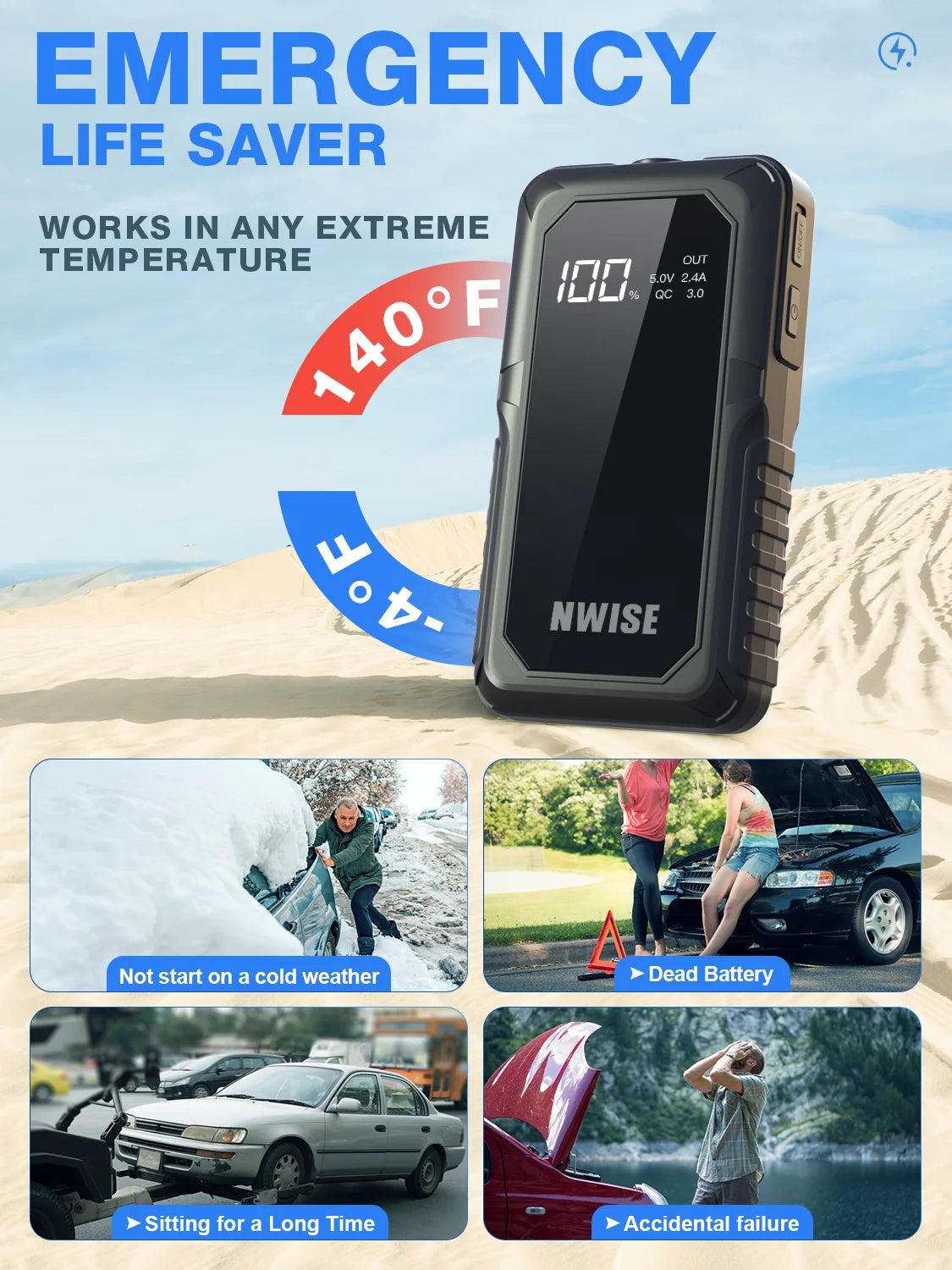 1600A Peak Jump Boxes for Vehicles(12V 8L Gas/6.5L Diesel Engine) Equipped Fast Wireless Charging Jump Starter Battery Pack