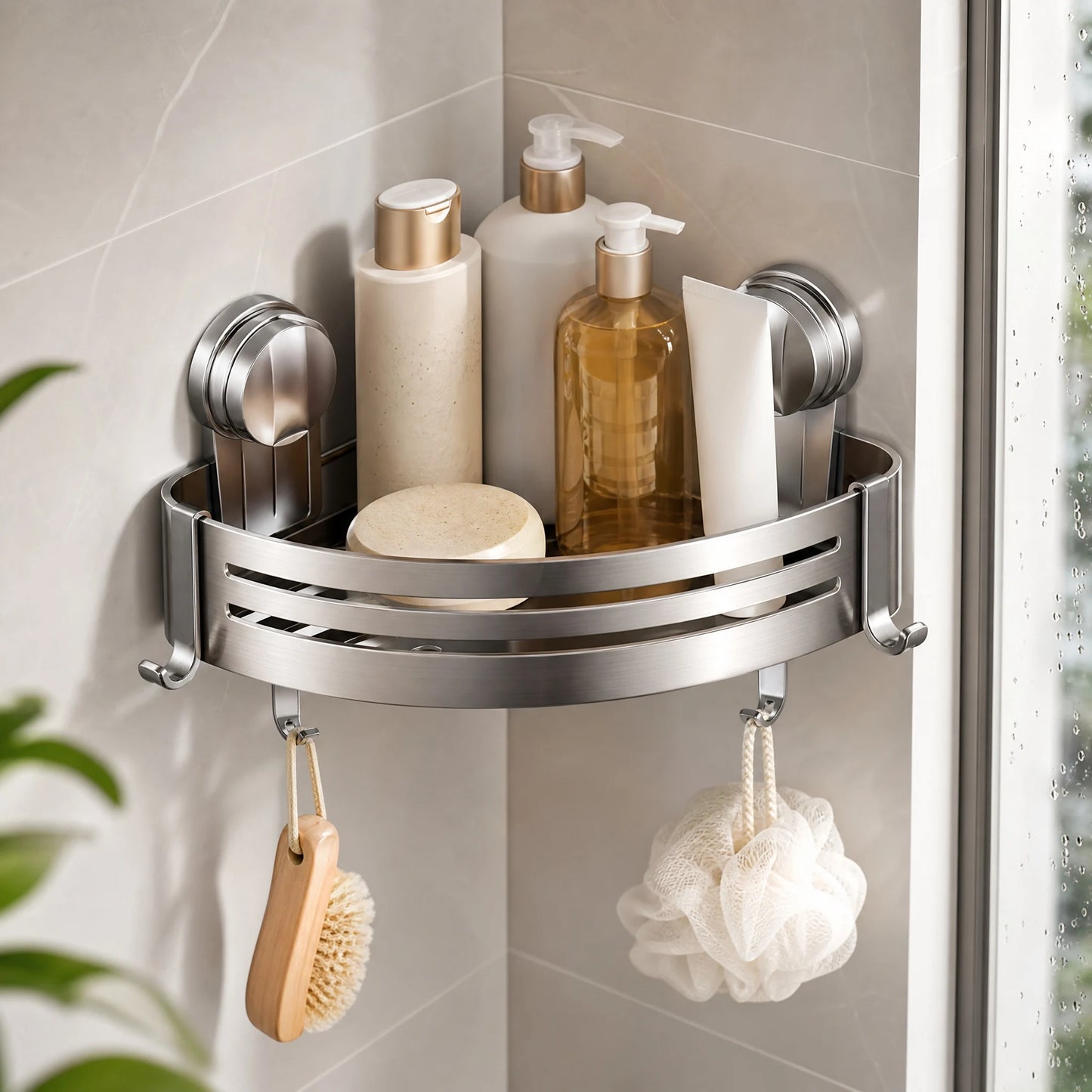 Shower Wall Storage Basket,Suction Mount No Drilling,Rustproof Aluminum, 4-Layer Protection,for Corner Space, Includes Towel Bar