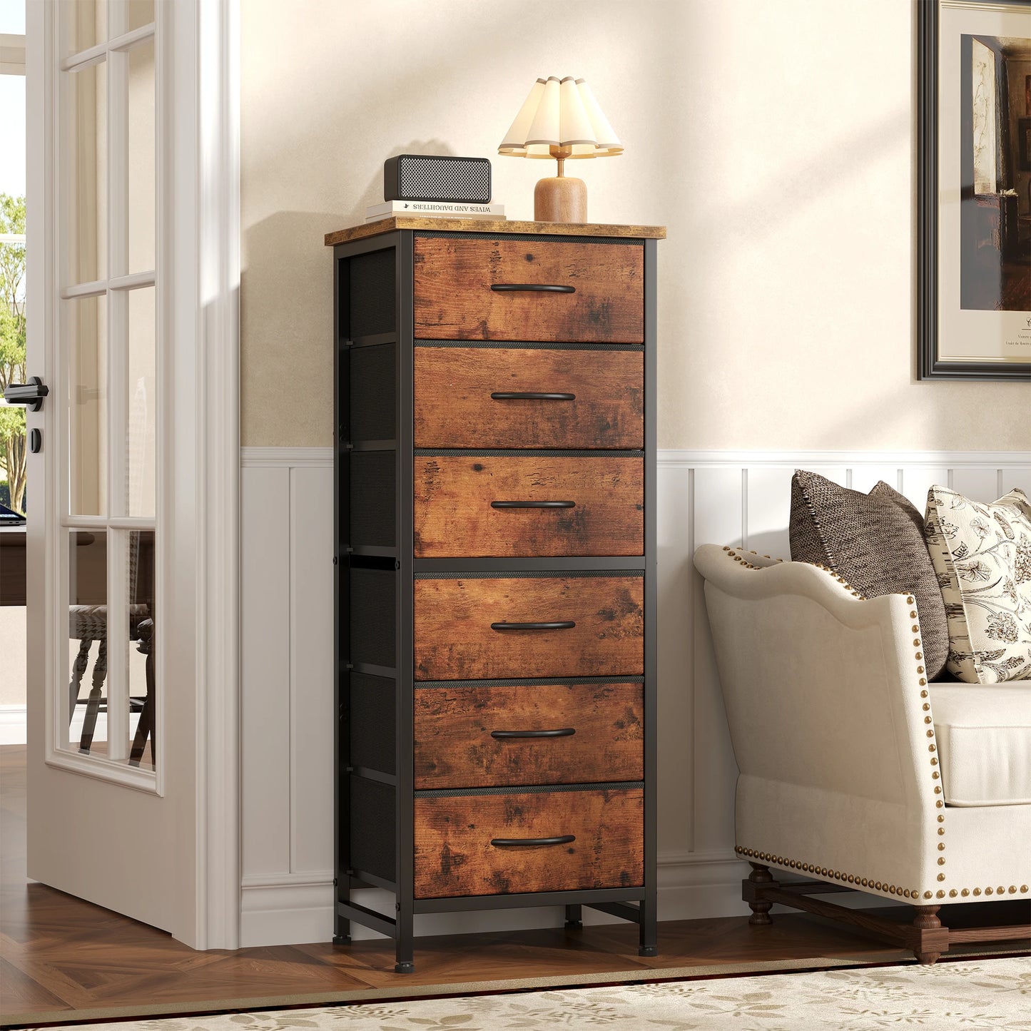 JHK Tall 6 Fabric Drawer Dresser  for Bedroom Wood Top and Metal Frame Skinny Chest of Drawers Narrow Storage Tower with Organization Furniture