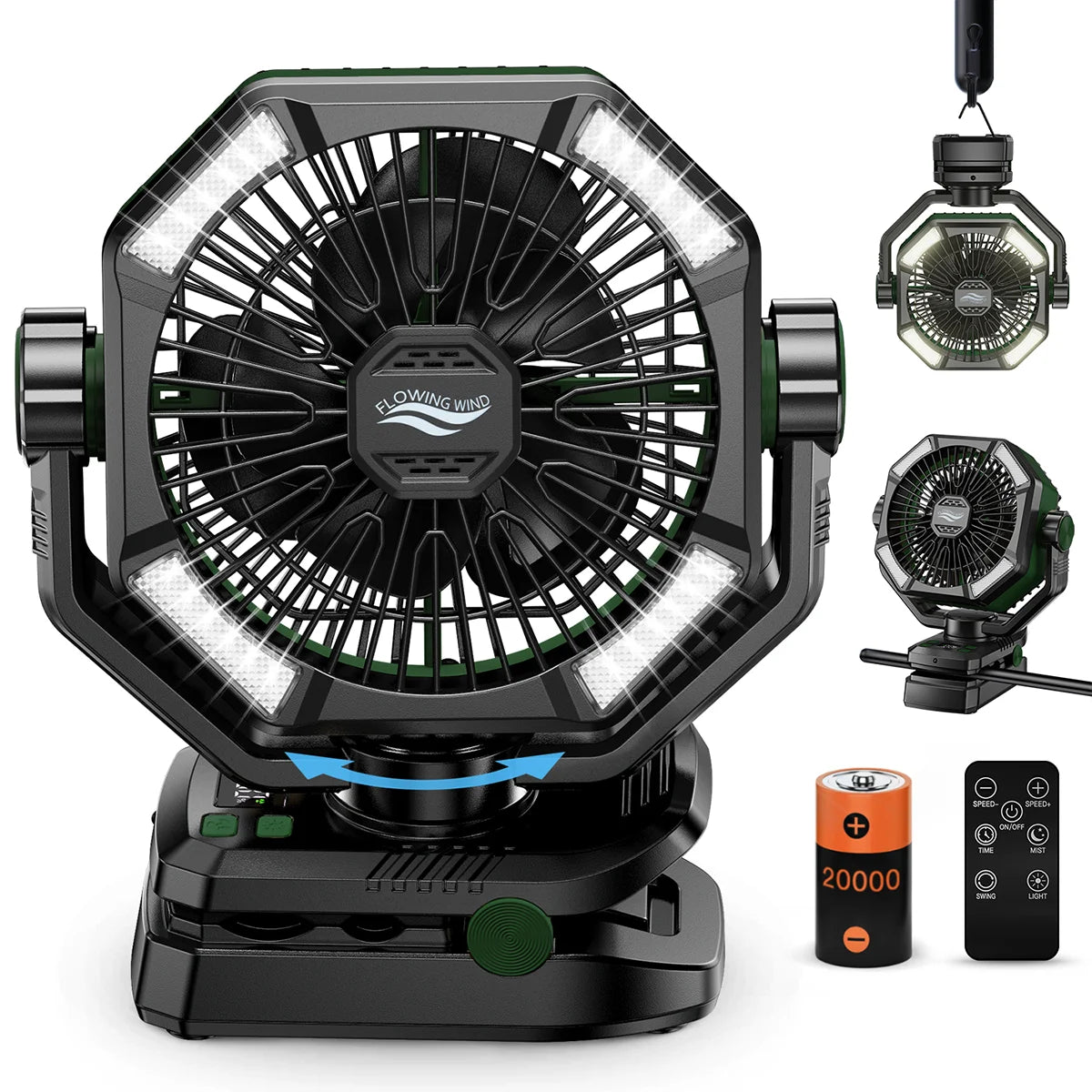 20000mAh Battery Camping Fan with 4 LED Lantern 8 Speeds Desk Fan Portable Outdoor Fan for Outdoor Camping Tent and Fishing