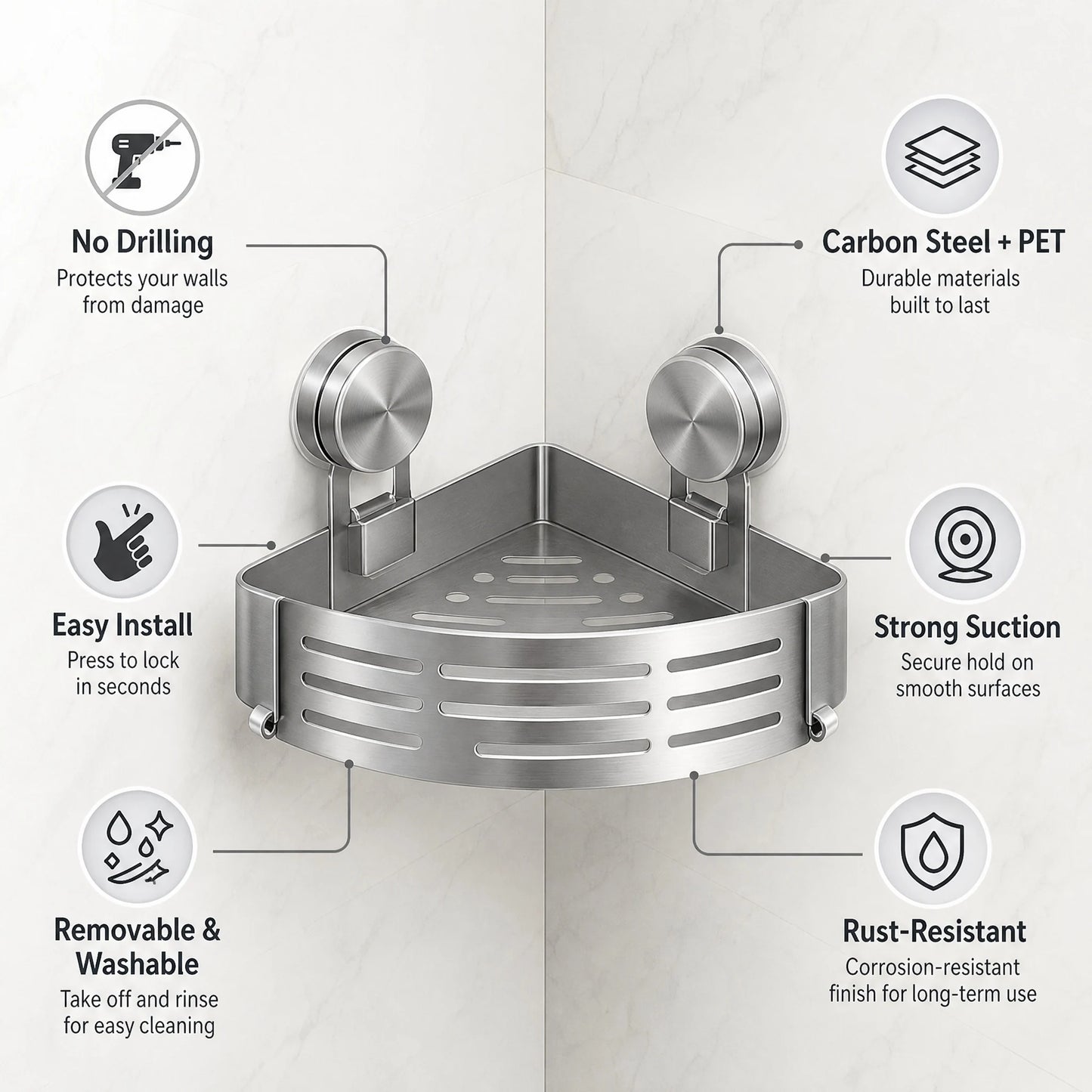 Shower Wall Storage Basket,Suction Mount No Drilling,Rustproof Aluminum, 4-Layer Protection,for Corner Space, Includes Towel Bar
