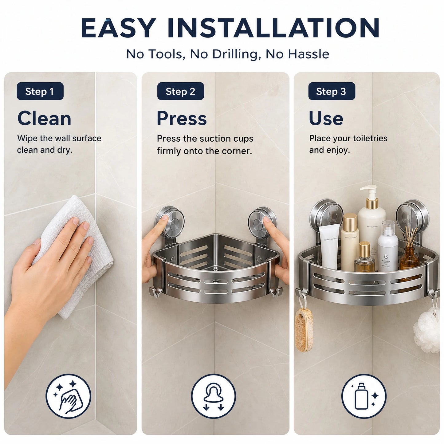Shower Wall Storage Basket,Suction Mount No Drilling,Rustproof Aluminum, 4-Layer Protection,for Corner Space, Includes Towel Bar
