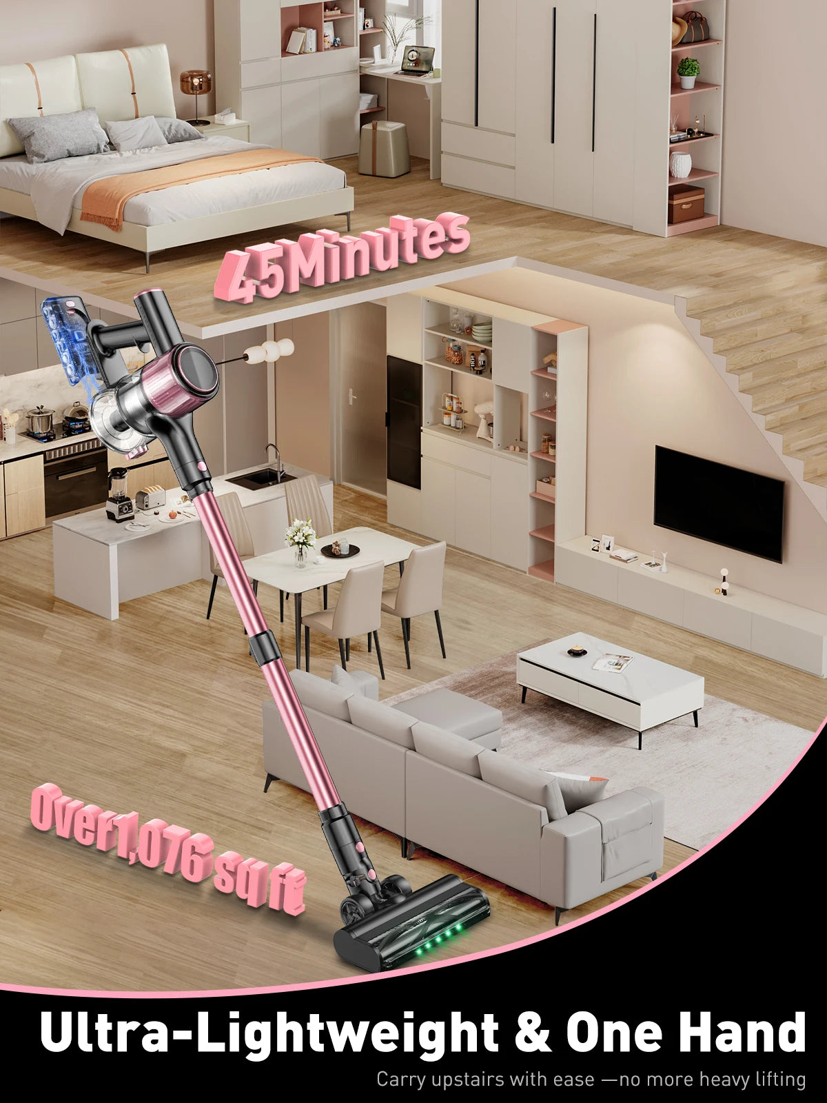 Cordless Vacuum Cleaner, 55Kpa/500W/45min 10 in 1 Powerful Stick Vacuum Cleaner for Home Pet Hair/Hard Floor/Carpet