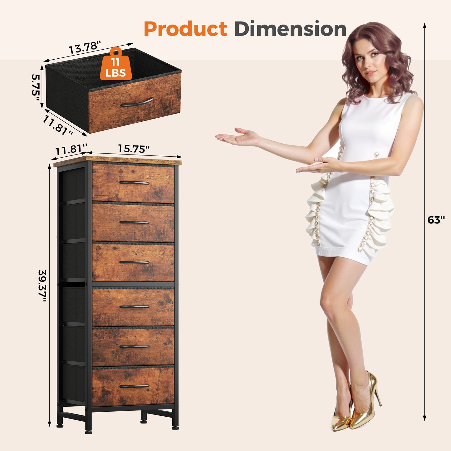 JHK Tall 6 Fabric Drawer Dresser  for Bedroom Wood Top and Metal Frame Skinny Chest of Drawers Narrow Storage Tower with Organization Furniture