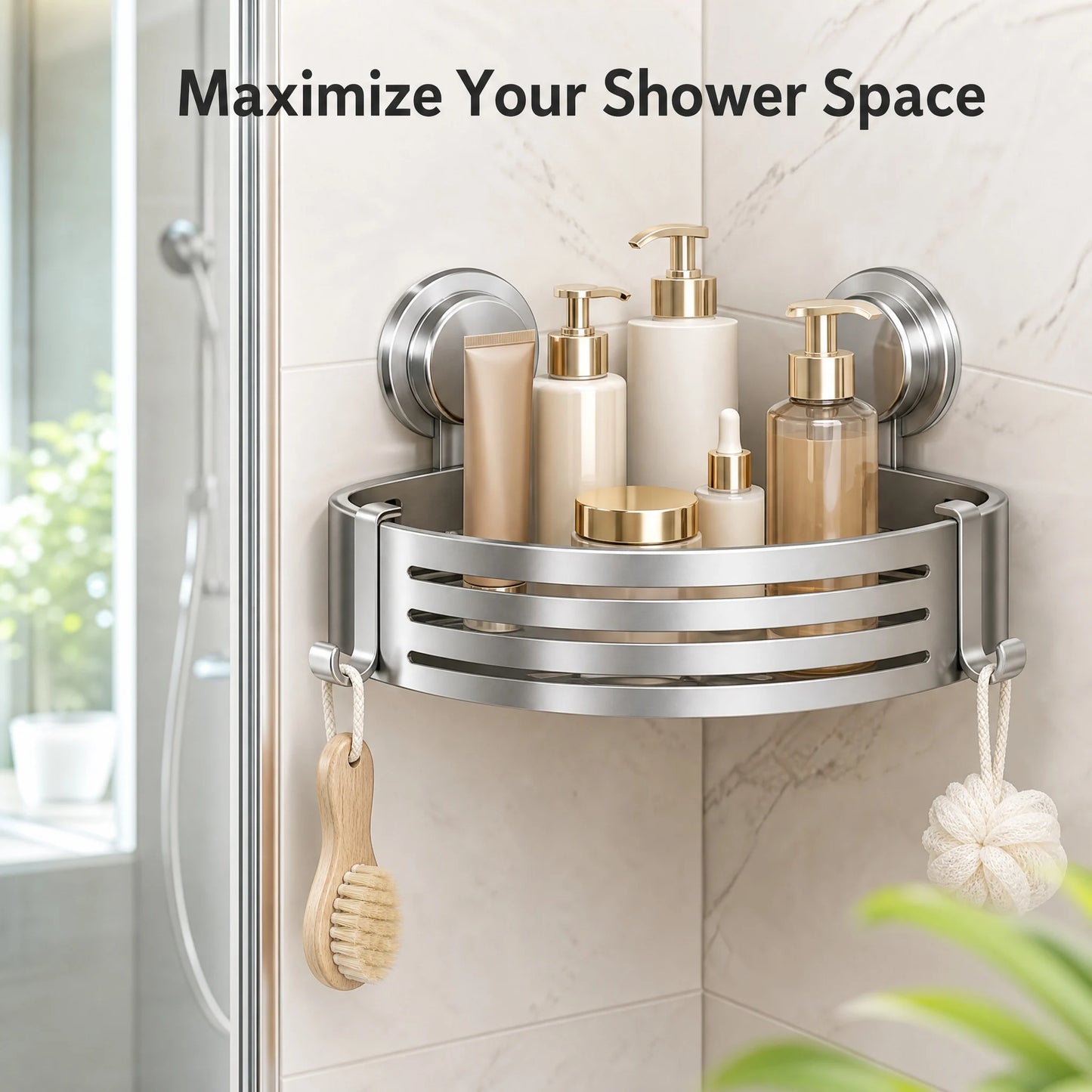 Shower Wall Storage Basket,Suction Mount No Drilling,Rustproof Aluminum, 4-Layer Protection,for Corner Space, Includes Towel Bar